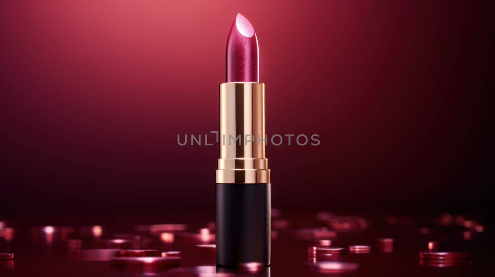 Red lipstick cosmetic product with a gradient burgundy background. AI Generated. by ChikaArt