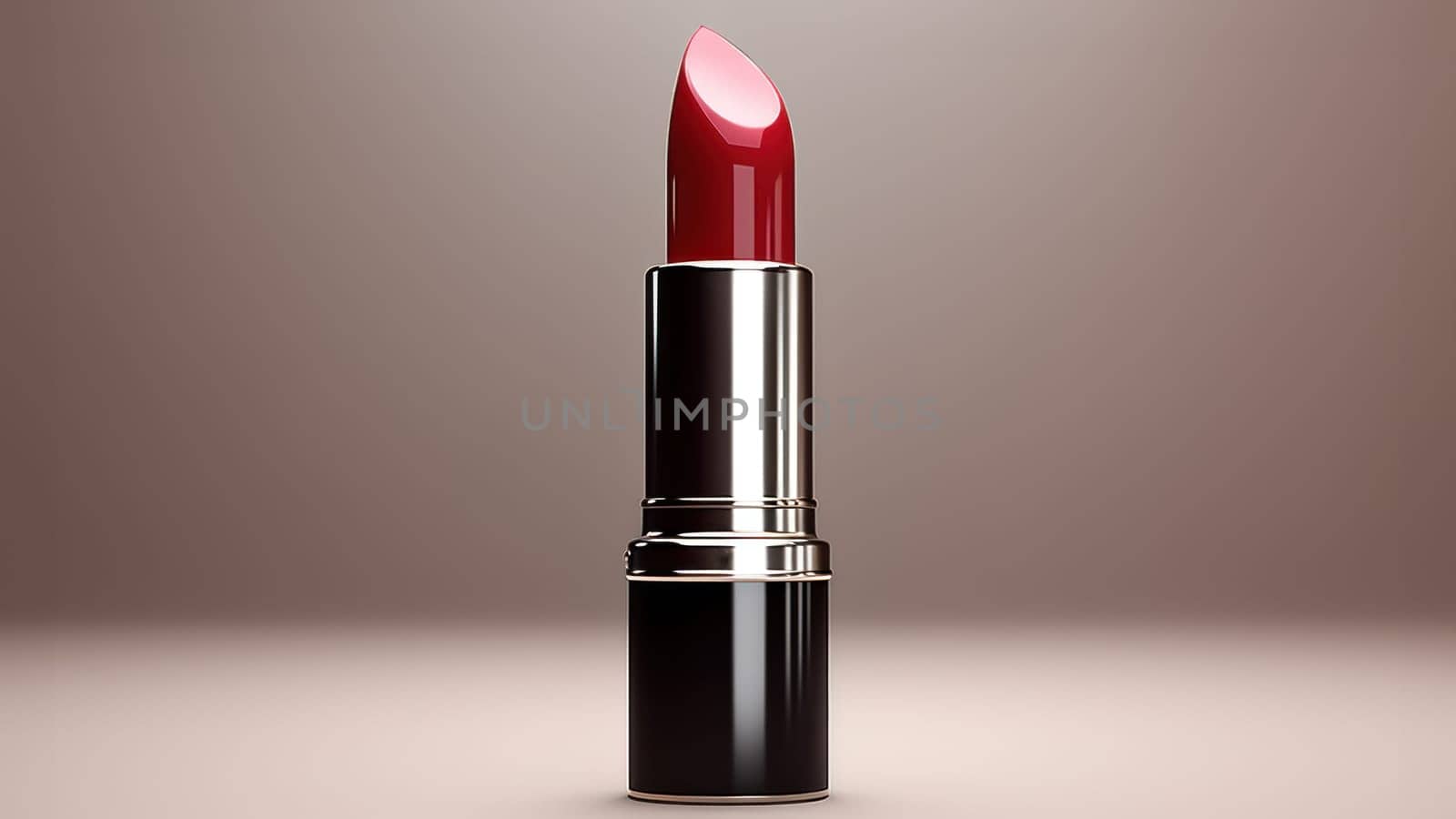 Crimson red lipstick on muted background. Created using AI Generated technology and image editing software.