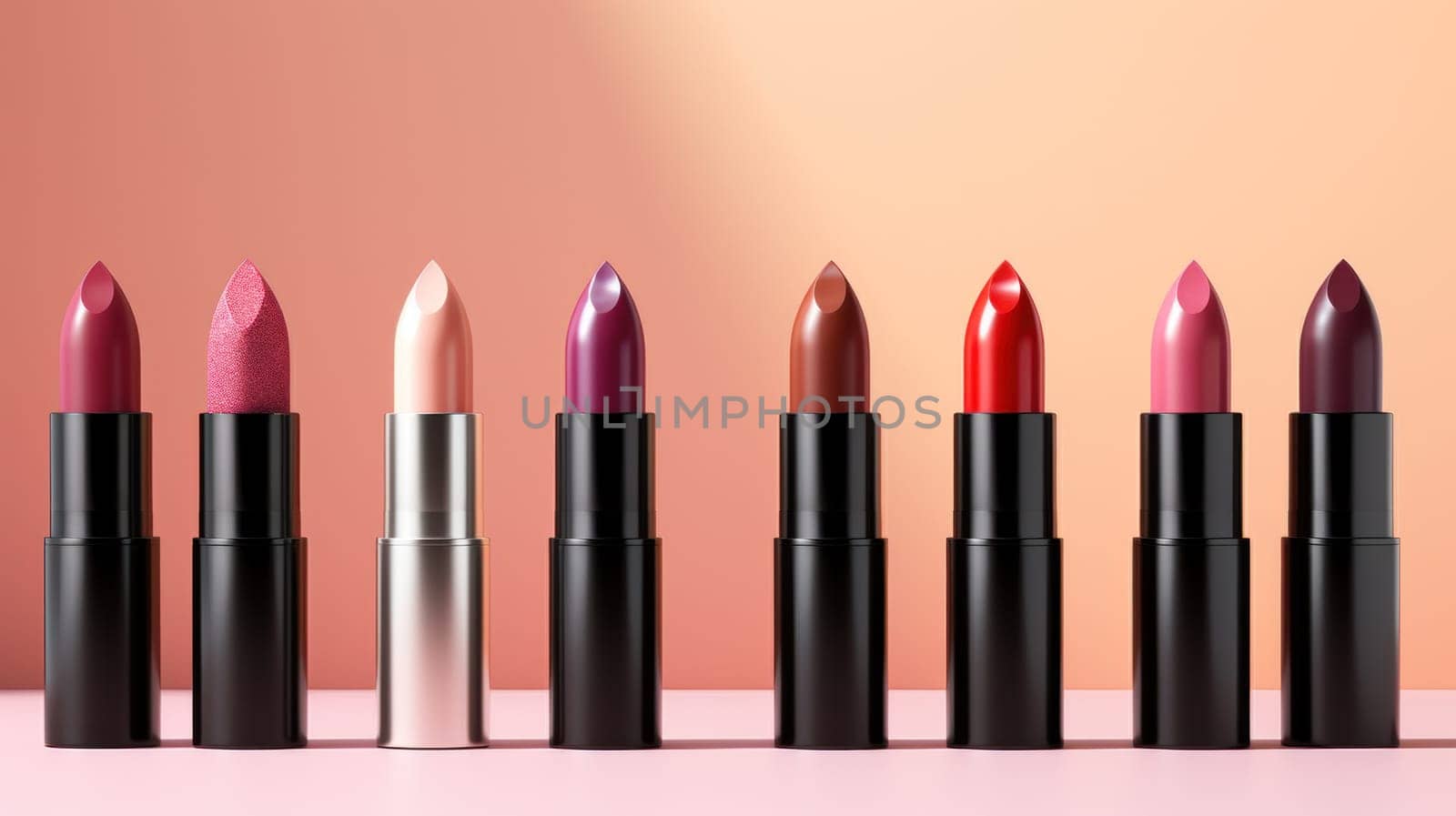 Variety of lipsticks on a salmon pink surface. Created using AI Generated technology and image editing software.