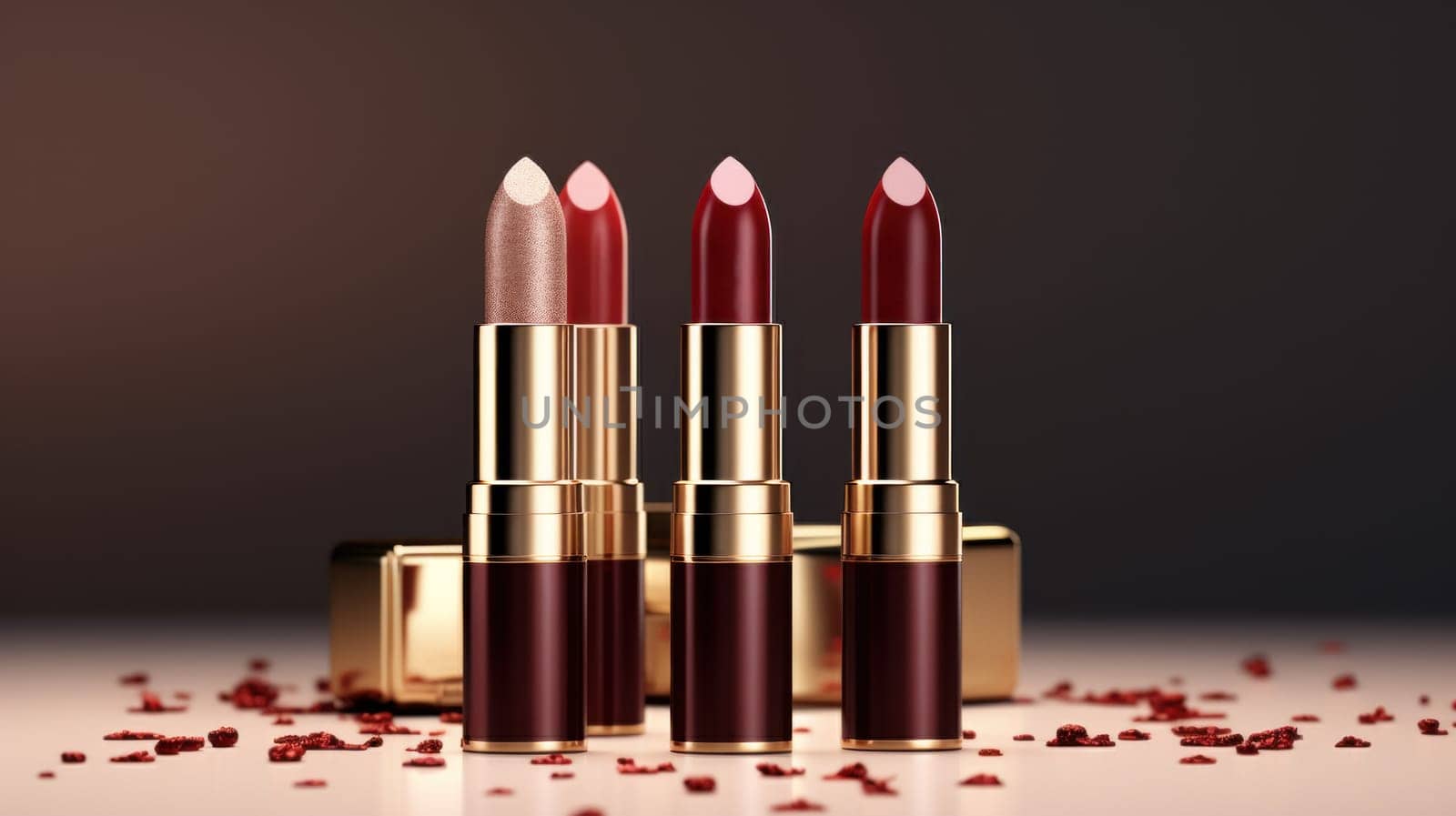 Assorted lipsticks in maroon and gold. AI Generated. by ChikaArt