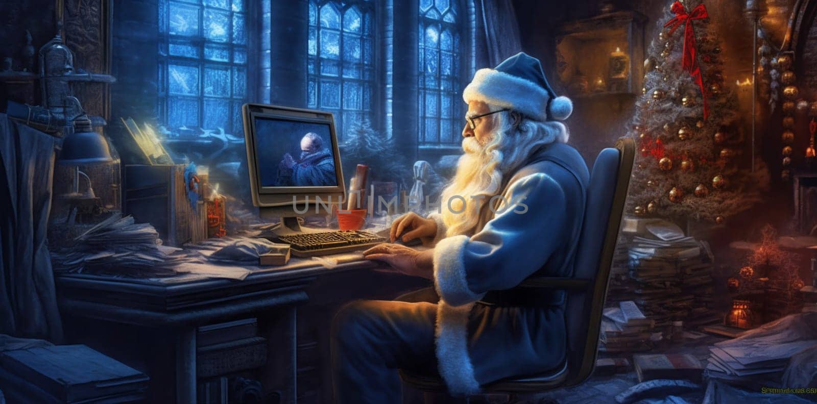 woman family online concept video laptop holiday decoration communication claus character santa winter house year christmas cheerful happy home call illustration. Generative AI.