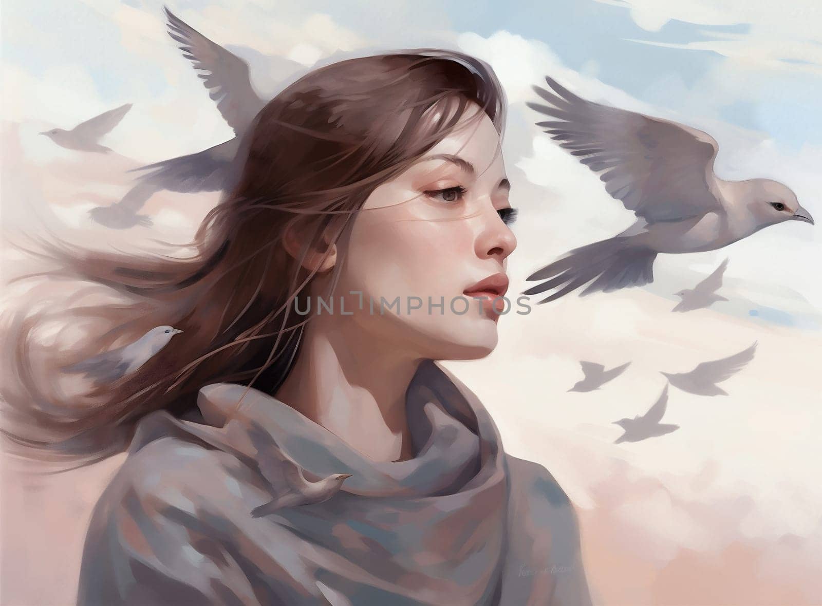 woman white creative divine bird cute glow artistic illustration freedom design pretty fashion face nature flower hair girl brave concept art. Generative AI.