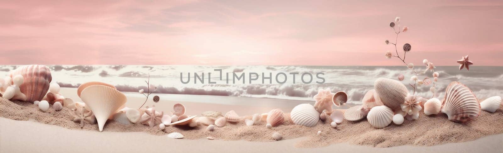 collection coastal beach holiday summer seashell landscape sea vacation shore texture banner tropical bright shell concept beautiful ocean nature sand. Generative AI.