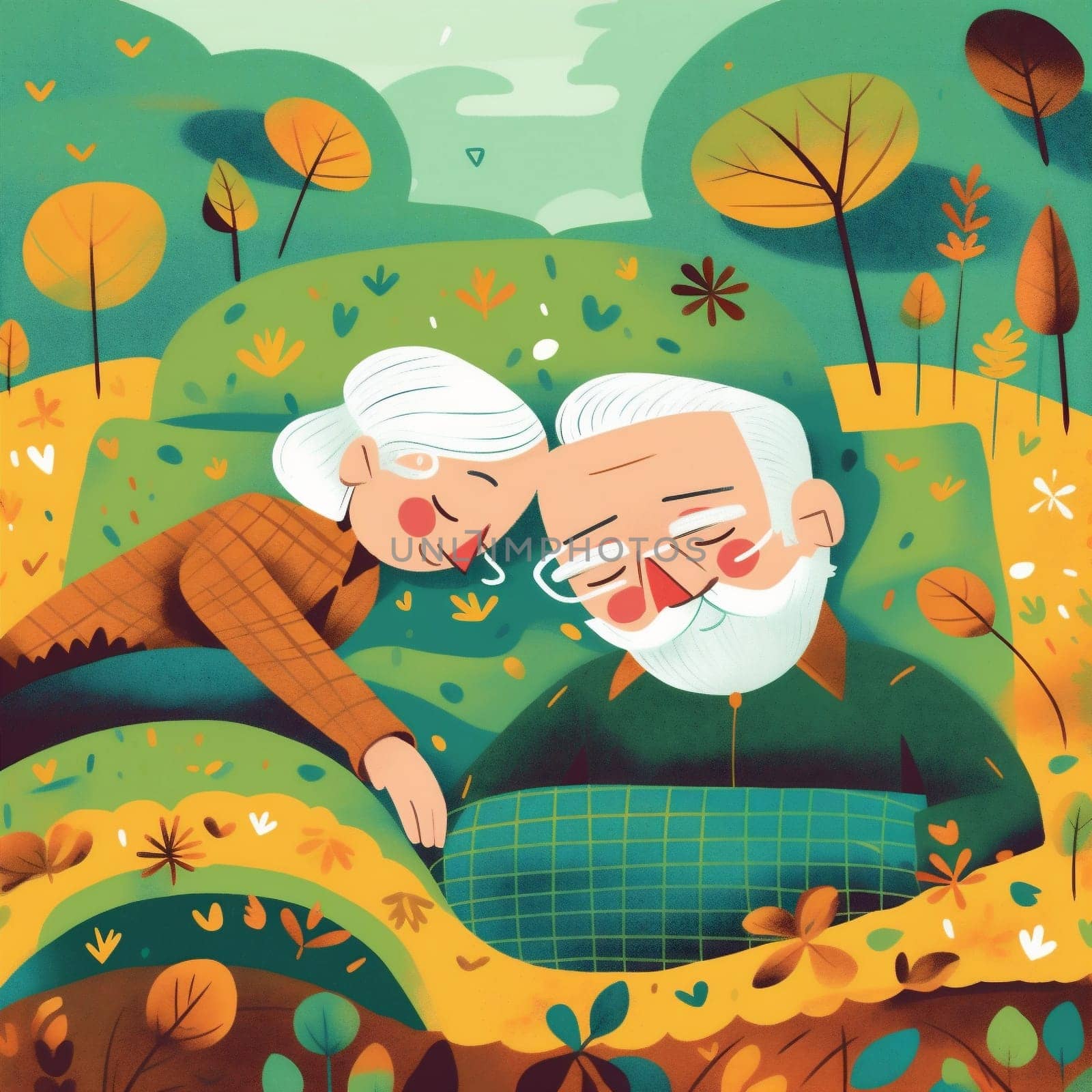 woman together man flowers happiness happy bed asleep aged adult cartoon couple pillow retired grandmother retirement old married illustration love sleeping male. Generative AI.