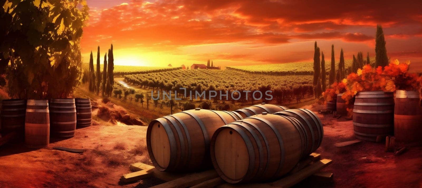 barrel sunset bottle drink landscape life wooden white agriculture wine grape plant alcohol beverage glass rustic tasty still winery alcoholic. Generative AI.