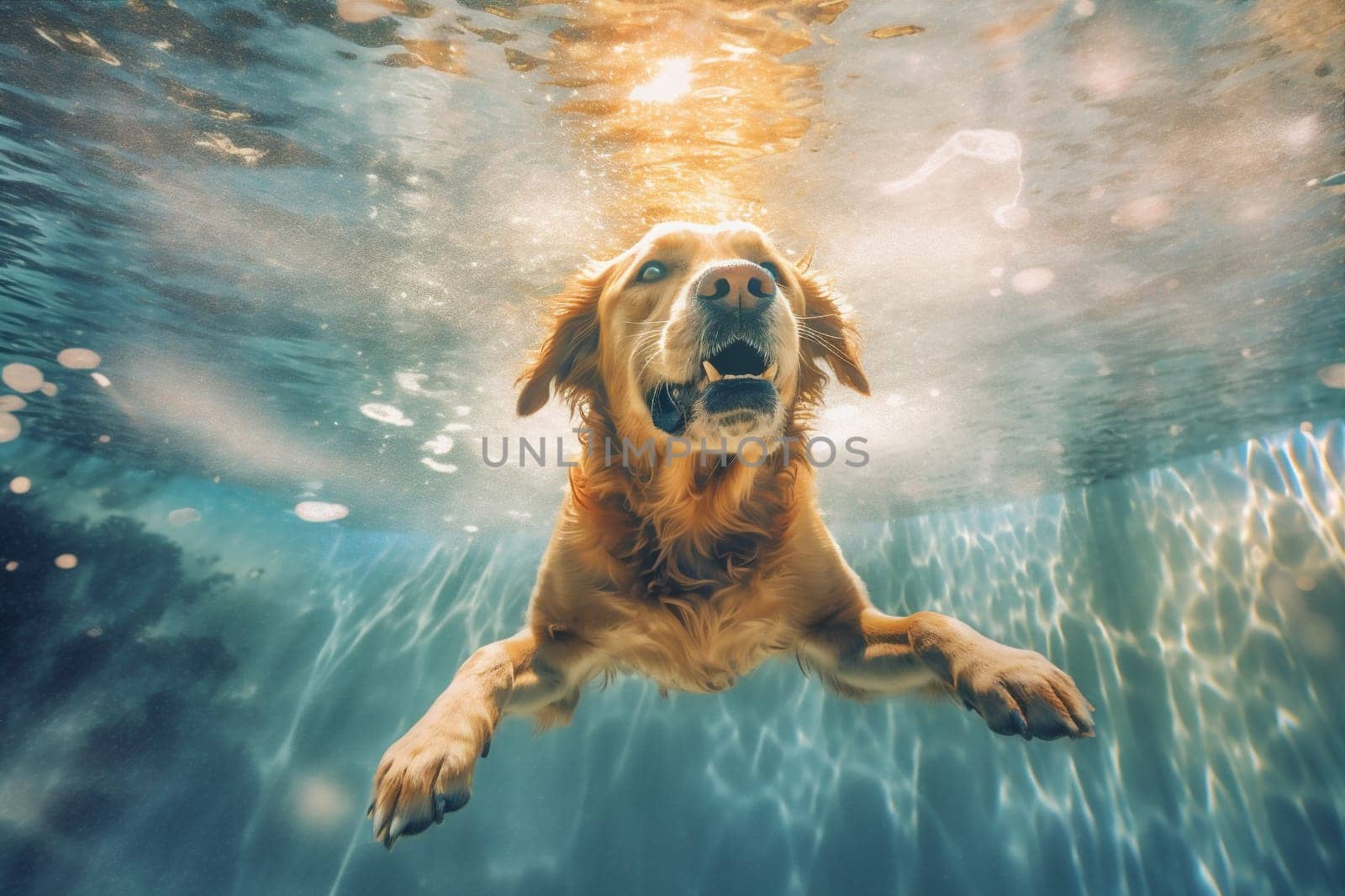 fun dog underwater water snorkeling puppy pool funny swimming vacation. Generative AI. by Vichizh