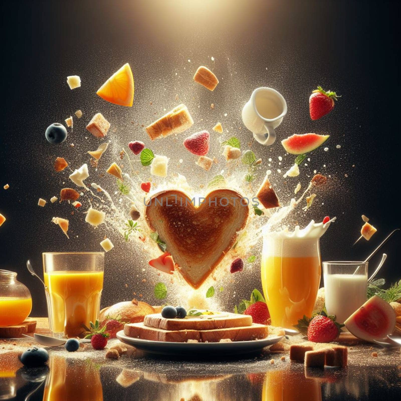 splash and flying breakfast elements food and drink, cappuccino, fruit, cake, cookie at sunrise by verbano