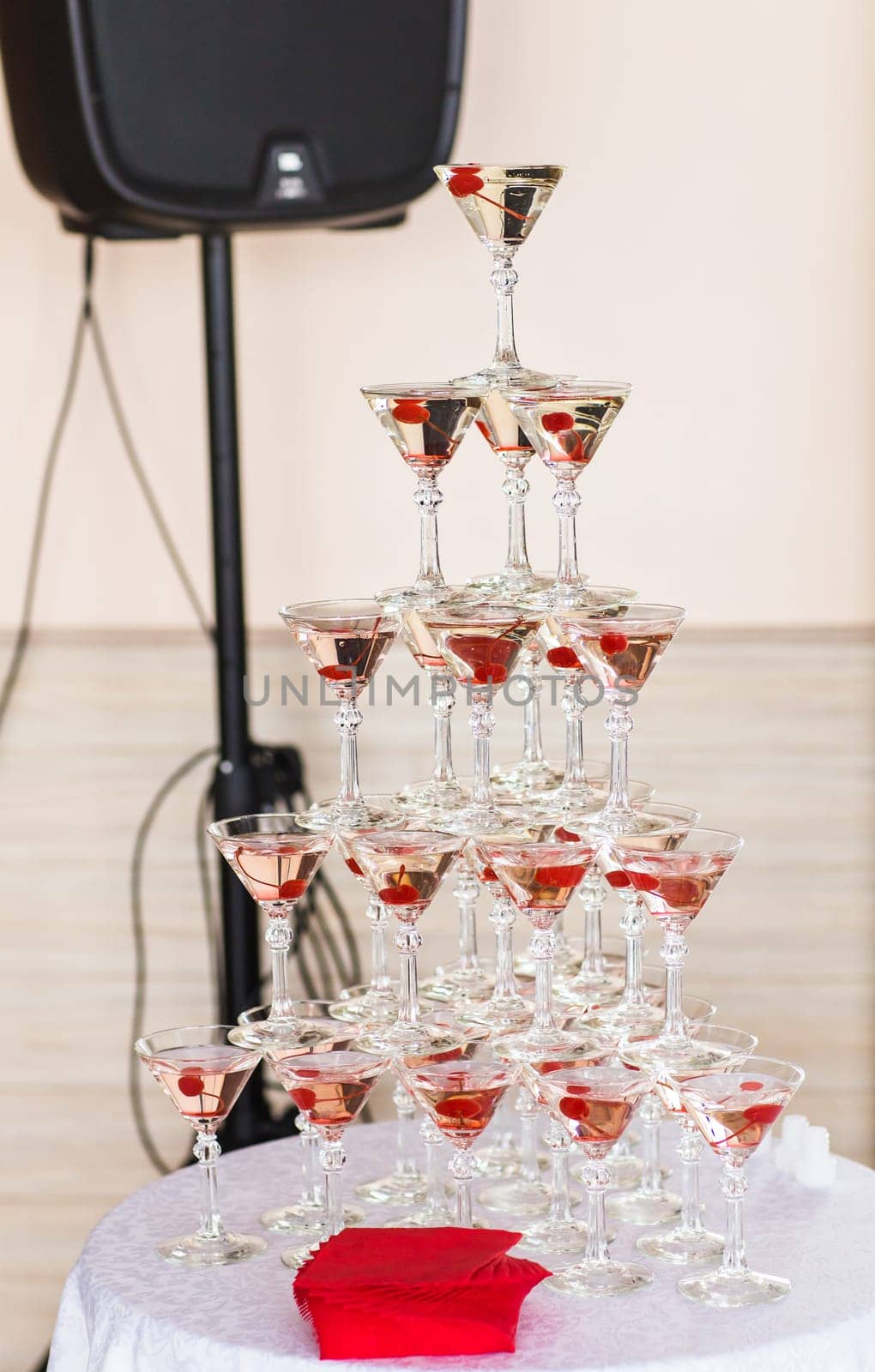Champagne pyramid on event, party or wedding banquet reception.