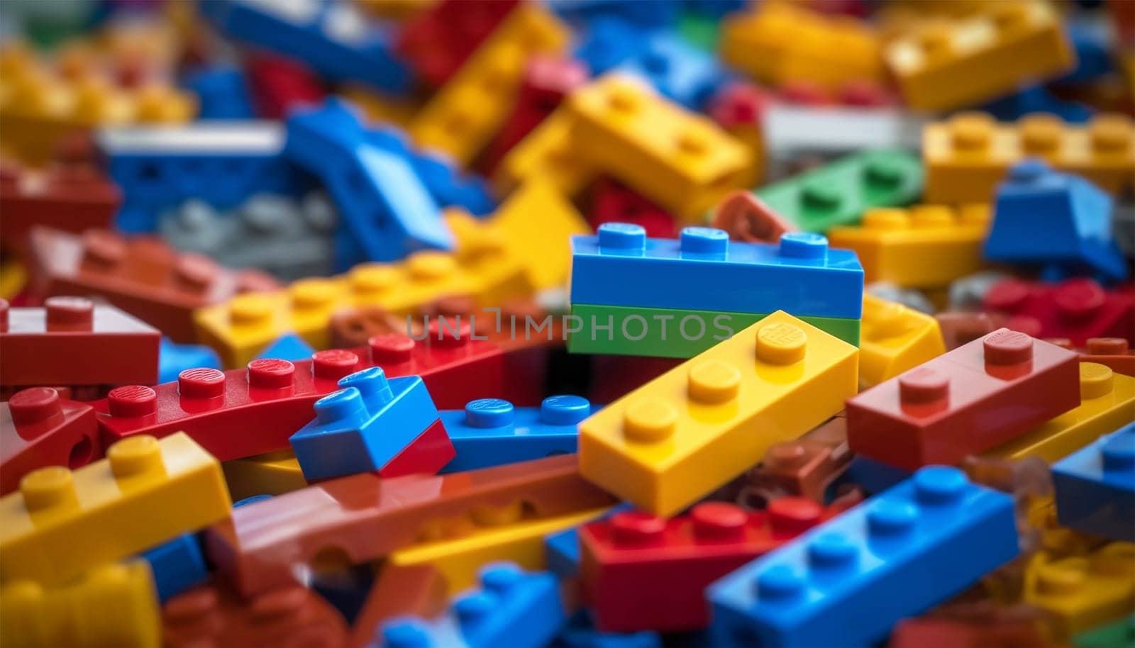 Set of brick block building toys 3d isometric illustration for children. Colorful bricks toy. Part and piece for decorative design and creative game. Copy space colorful background plastic