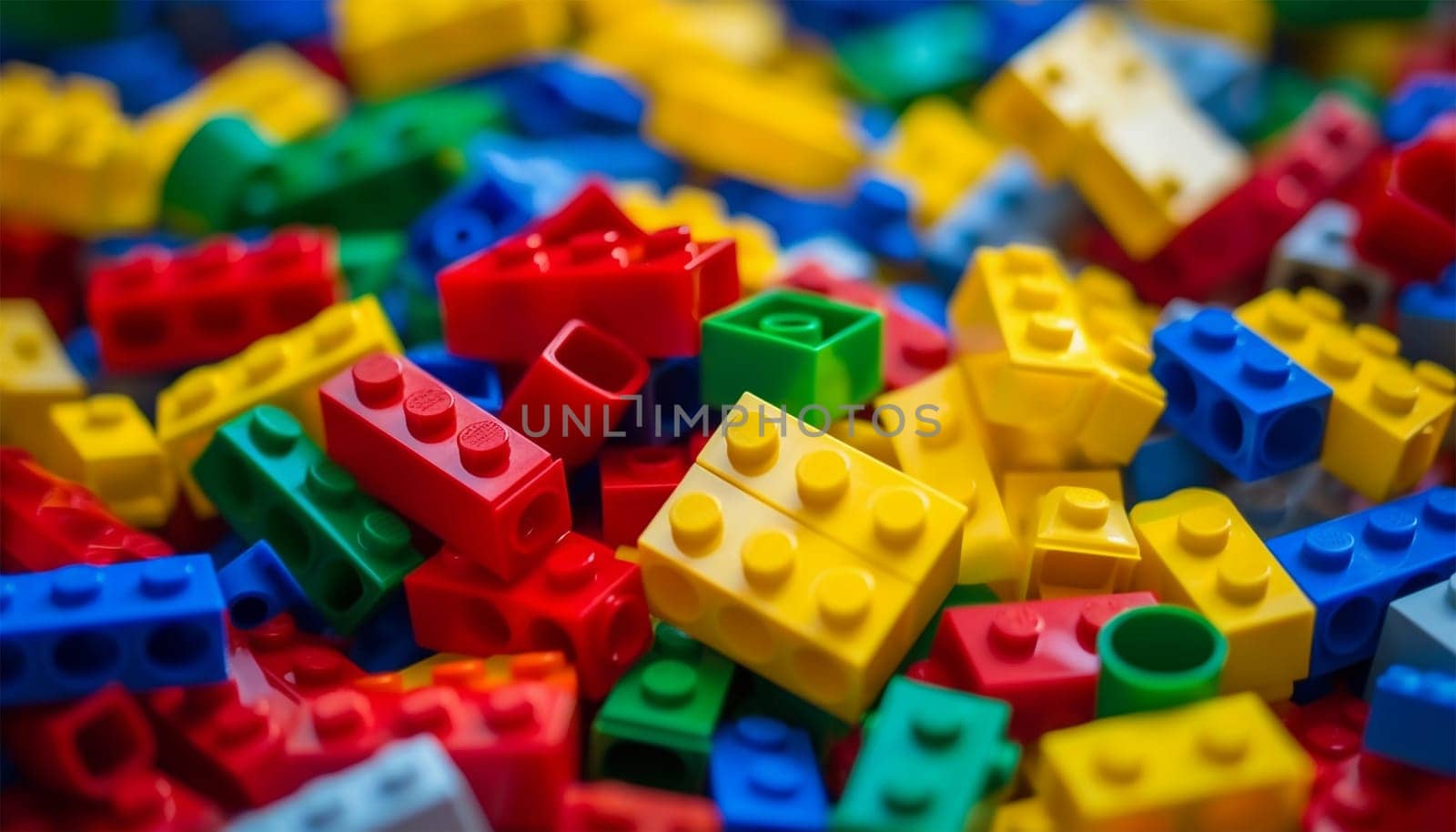 Set of brick block building toys 3d isometric illustration for children. Colorful bricks toy. Part and piece for decorative design and creative game. Copy space colorful background plastic