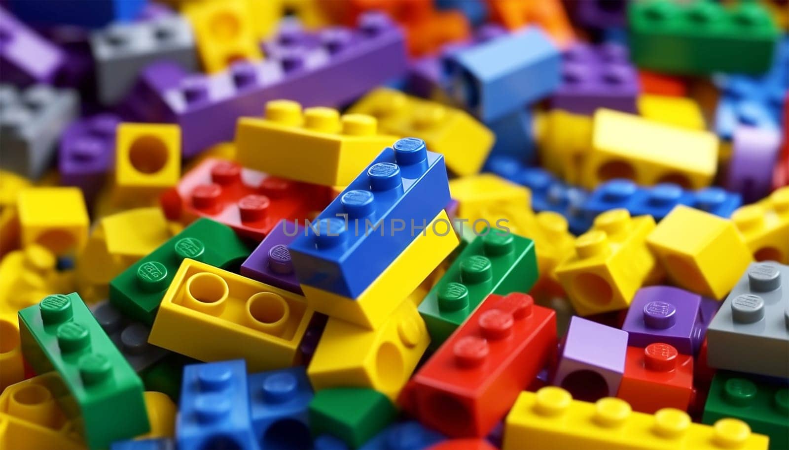 Set of brick block building toys 3d isometric illustration for children. Colorful bricks toy. Part and piece for decorative design and creative game. Copy space colorful background plastic