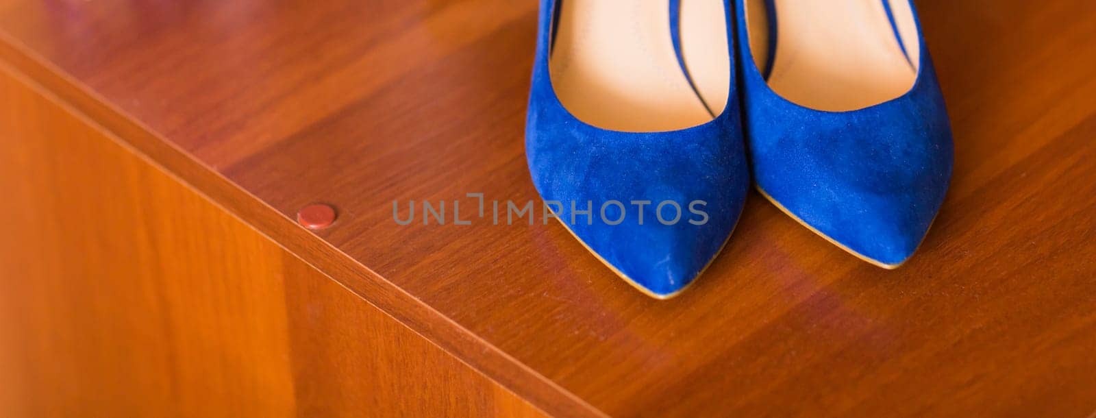 Blue suede women shoes banner copy space by Satura86