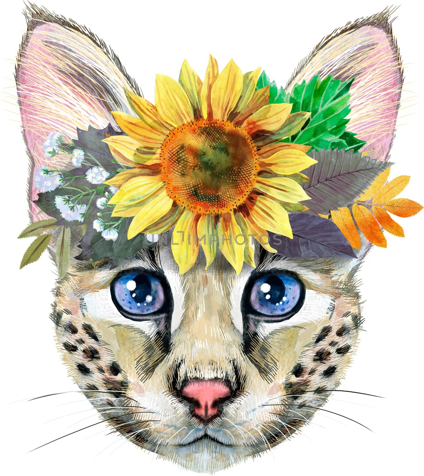 Lovely closeup portrait Savannah cat with sunflower. Hand drawn water colour painting on white background by NataOmsk