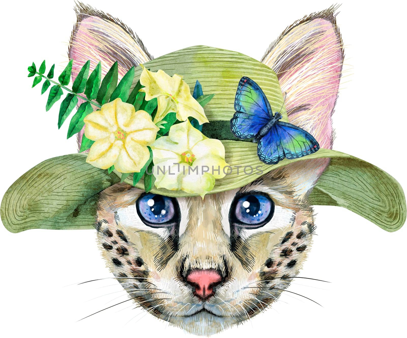 Lovely closeup portrait Savannah cat in summer hat with flowers and butterfly. Hand drawn water colour painting on white background by NataOmsk