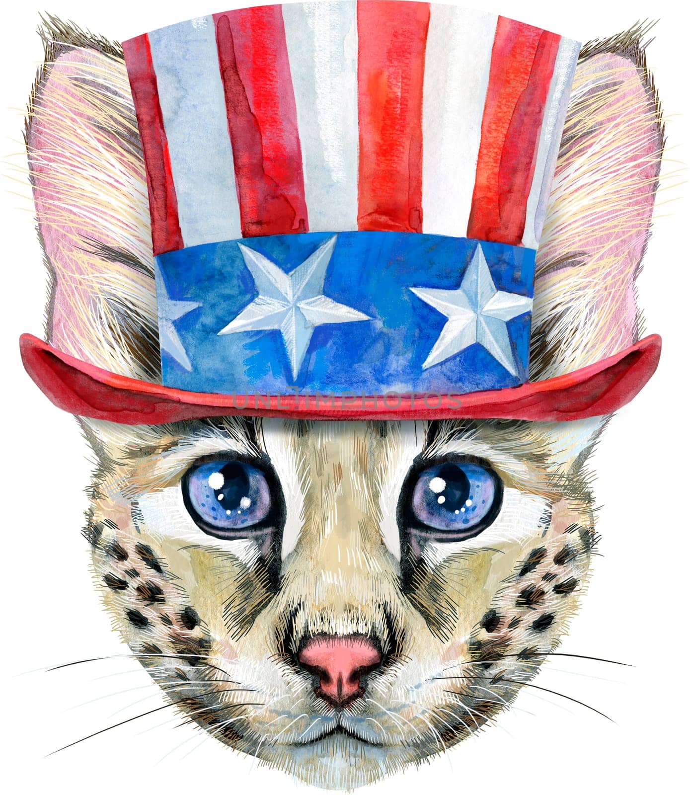 Lovely closeup portrait Savannah cat in Uncle Sam's hat. Hand drawn water colour painting on white background by NataOmsk
