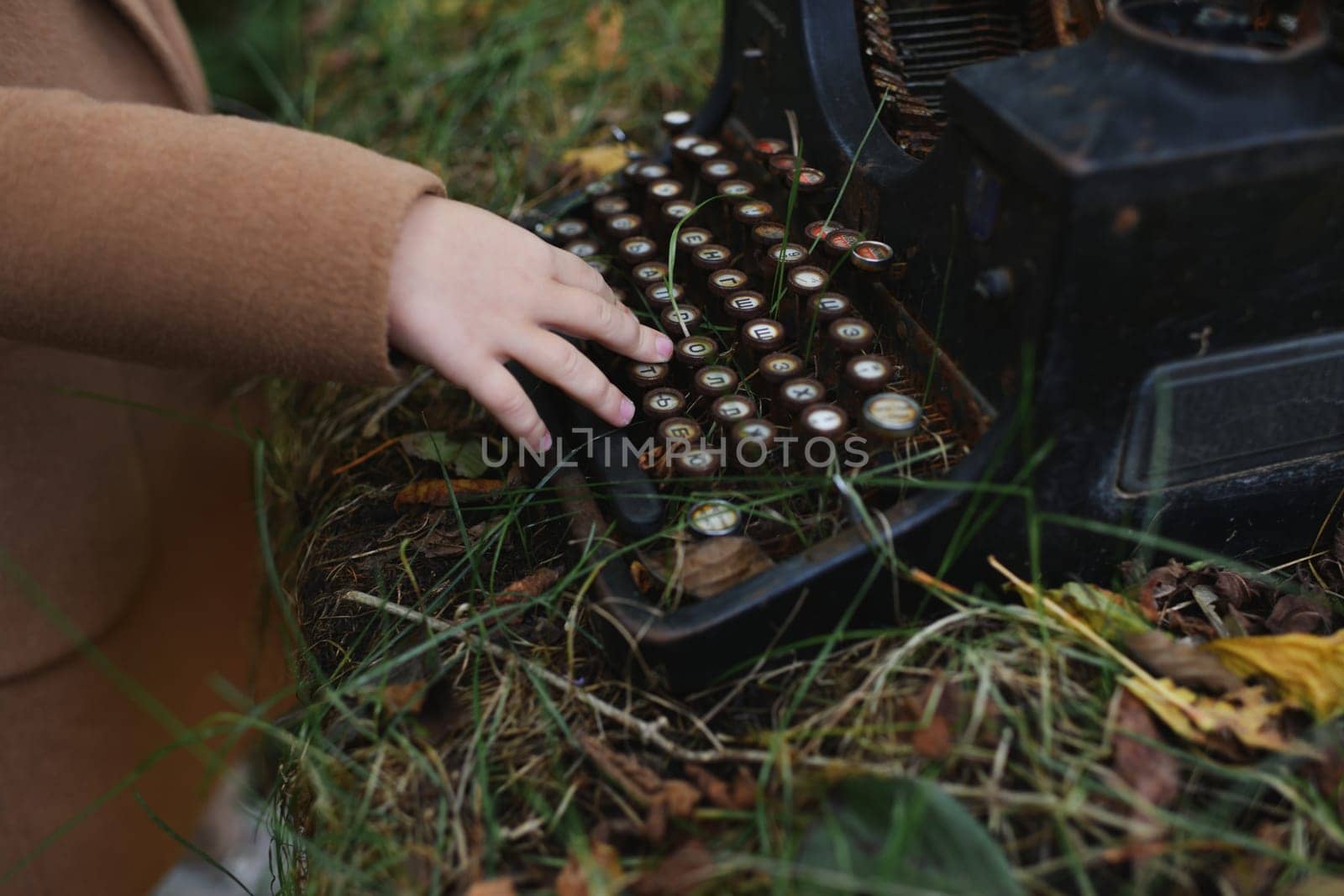 Vintage antique Typewriter. Typewriter Machine Closeup Photo.