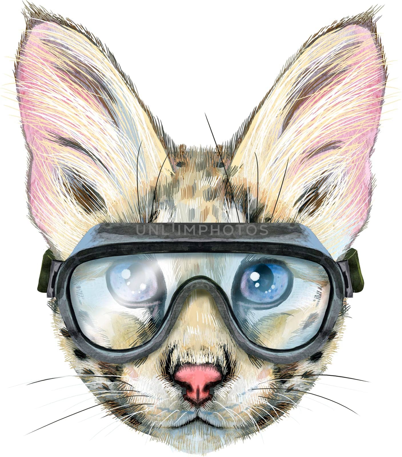 Lovely closeup portrait Savannah cat in goggles. Hand drawn water colour painting on white background by NataOmsk