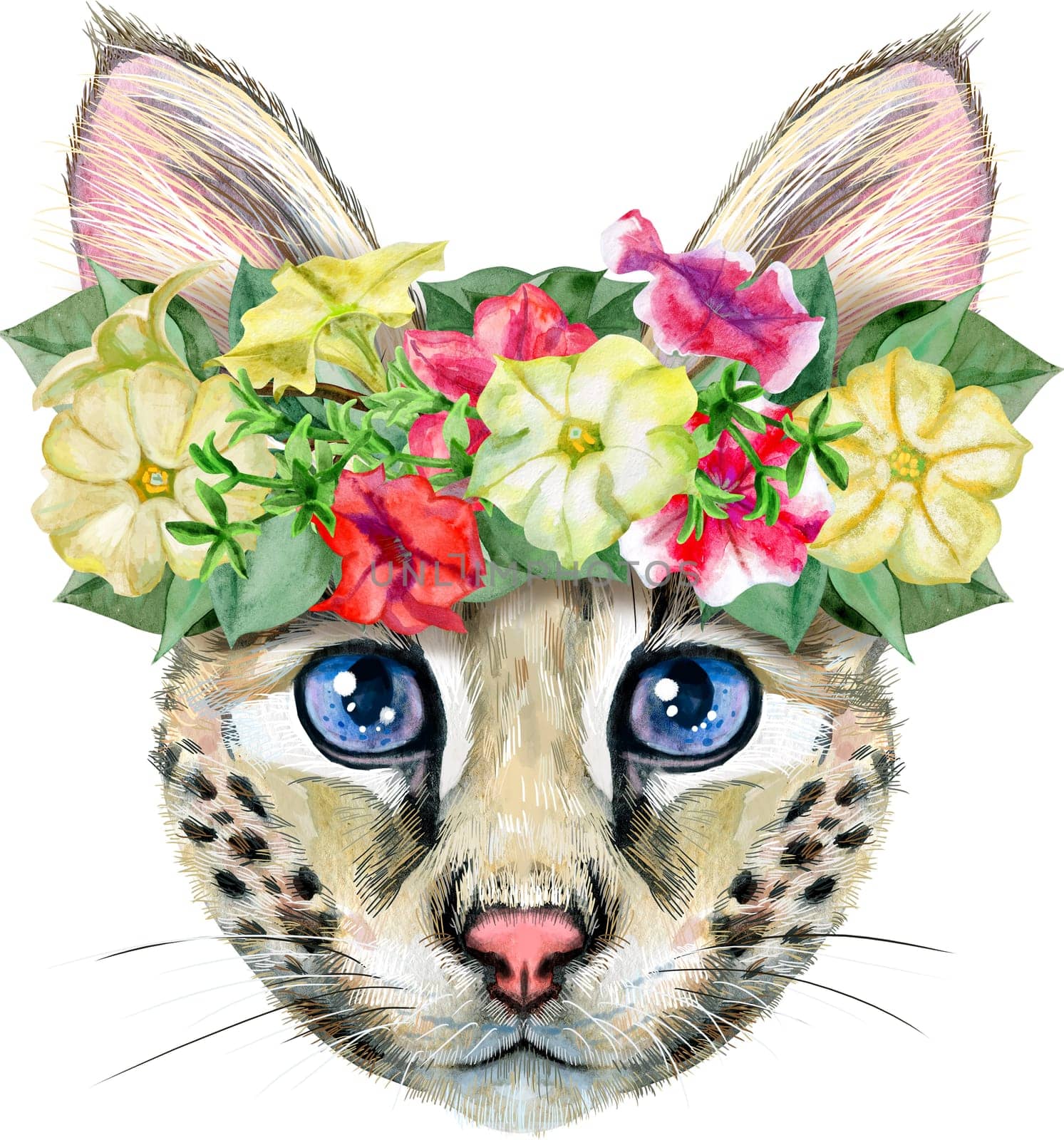 Lovely closeup portrait Savannah cat in a wreath of flowers. Hand drawn water colour painting on white background by NataOmsk