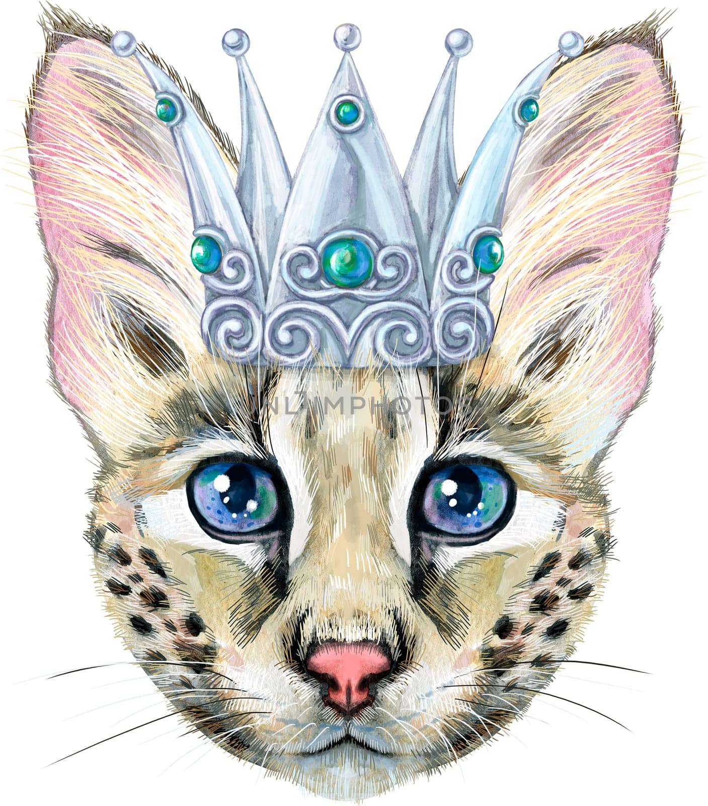 Lovely closeup portrait Savannah cat with golden crown. Hand drawn water colour painting on white background by NataOmsk