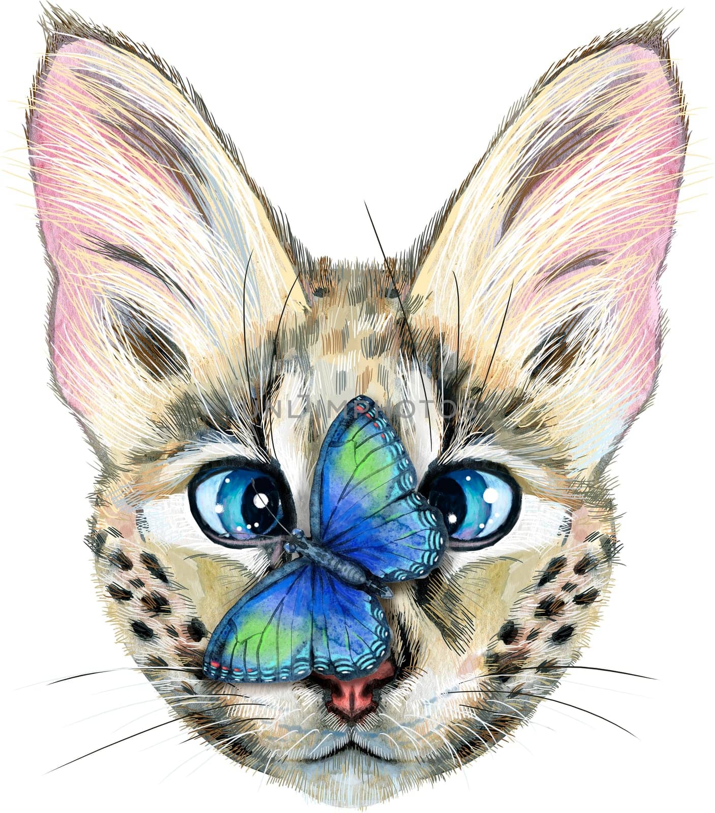 Lovely closeup portrait Savannah cat with butterfly. Hand drawn water colour painting on white background by NataOmsk