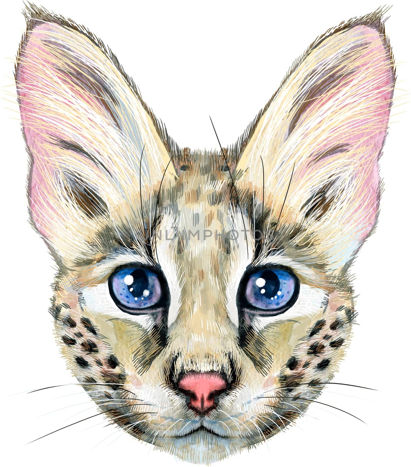 Lovely closeup portrait Savannah cat. Hand drawn water colour painting on white background by NataOmsk