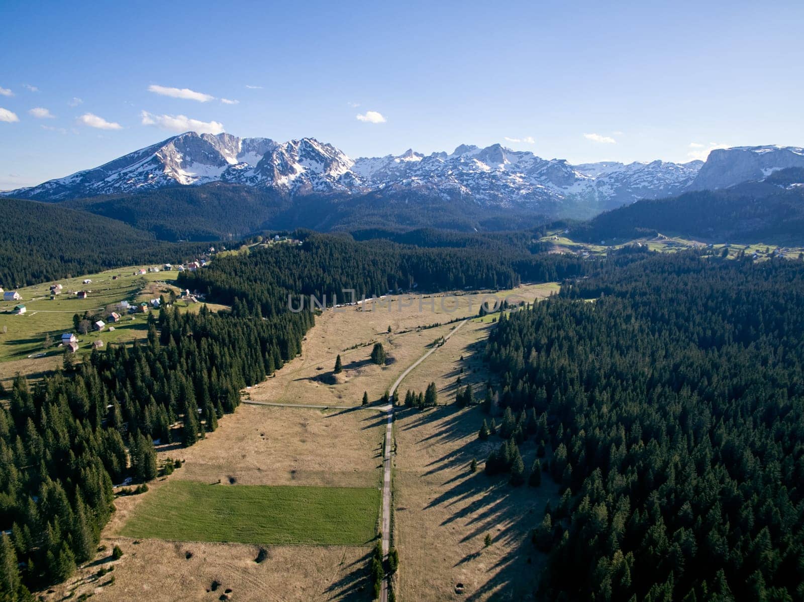 Road in the valley among the green forest against the backdrop of snow-capped mountains. Drone. High quality photo