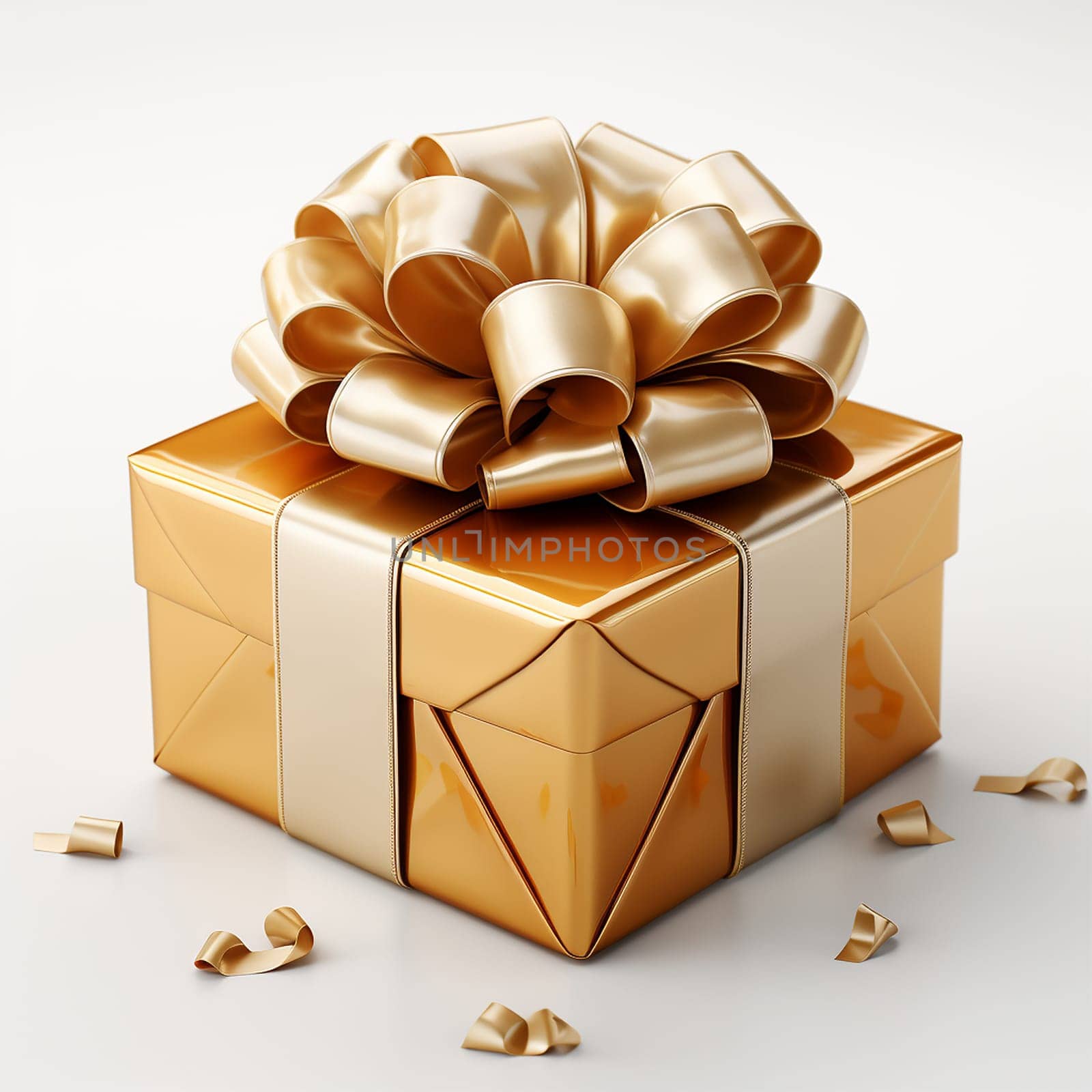 Gift boxes isolated on white. 3d gold gift boxes with golden ribbon and bow. Birthday celebration concept. Merry Christmas and Happy New Year. 3D Copy space illustration. by Annebel146