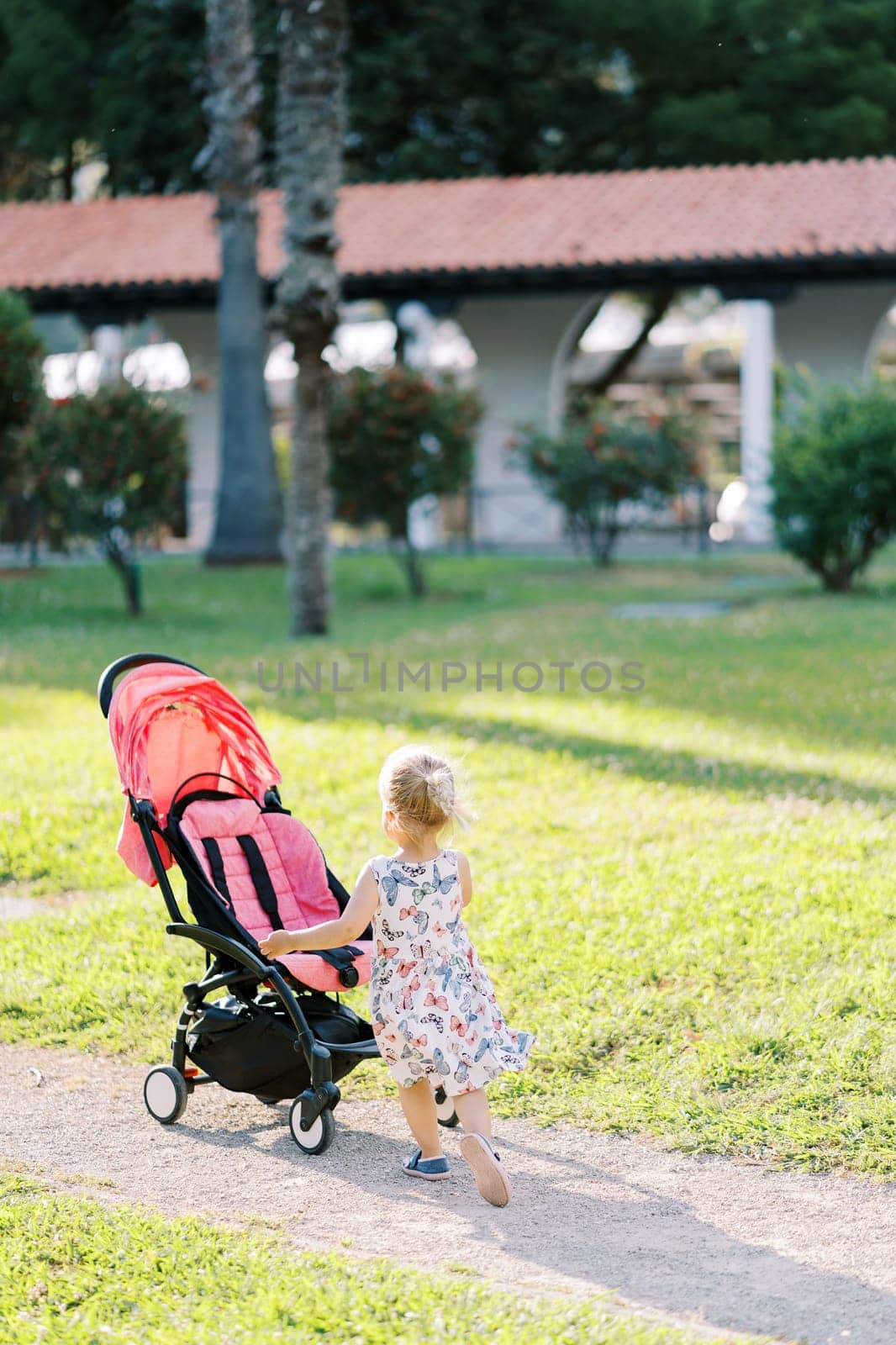 Little girl goes to a stroller on a path in a sunny park. Back view. High quality photo