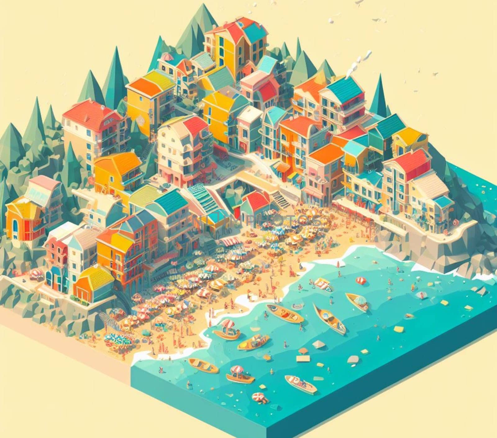 isometric 3d render of a touristic happy colored crowded village at the sea in summertime ai generative art