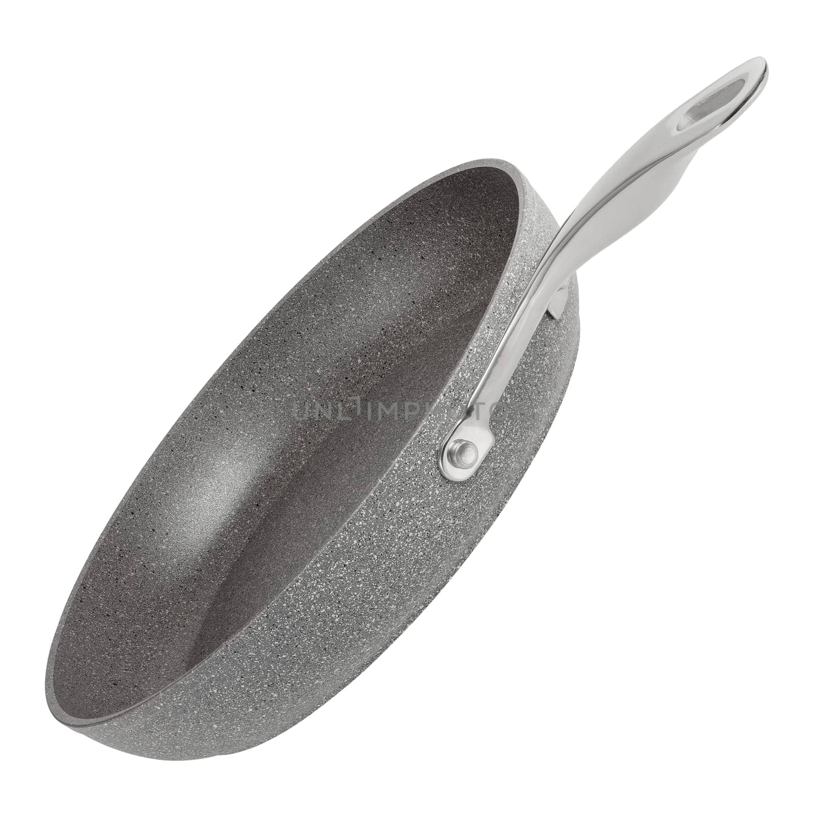 Frying pan with non-stick coating on a white isolated background. New gray frying pan, clipart for inserting into a design or project. Overlay for kitchen theme. Side view. by SERSOL