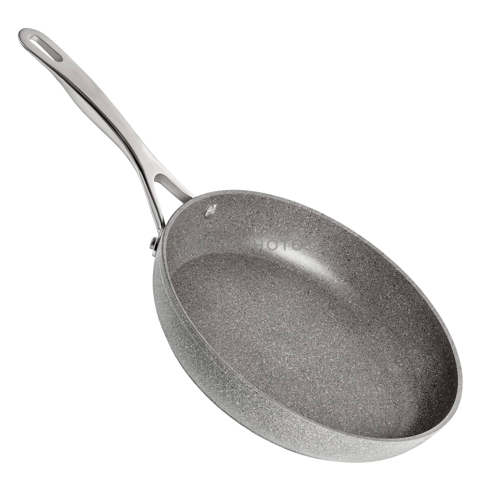 Frying pan with non-stick coating on a white isolated background. New gray frying pan, clipart for inserting into a design or project. Overlay for kitchen theme. Bottom view. by SERSOL