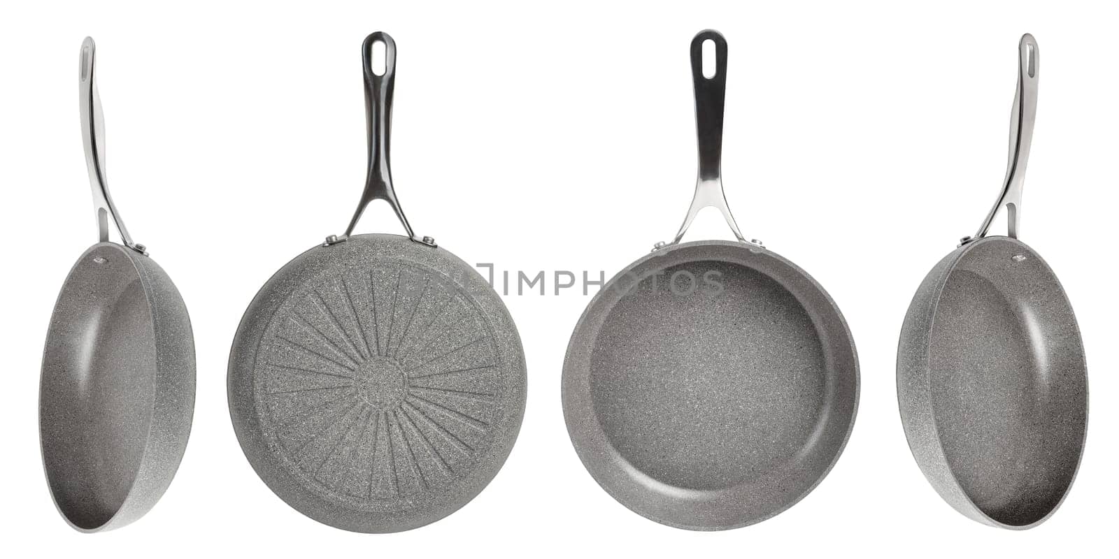 Big set of frying pans with non-stick coating on a white isolated background. New gray frying pans, clipart for inserting into a design or project. Overlay for kitchen theme. Different angle by SERSOL