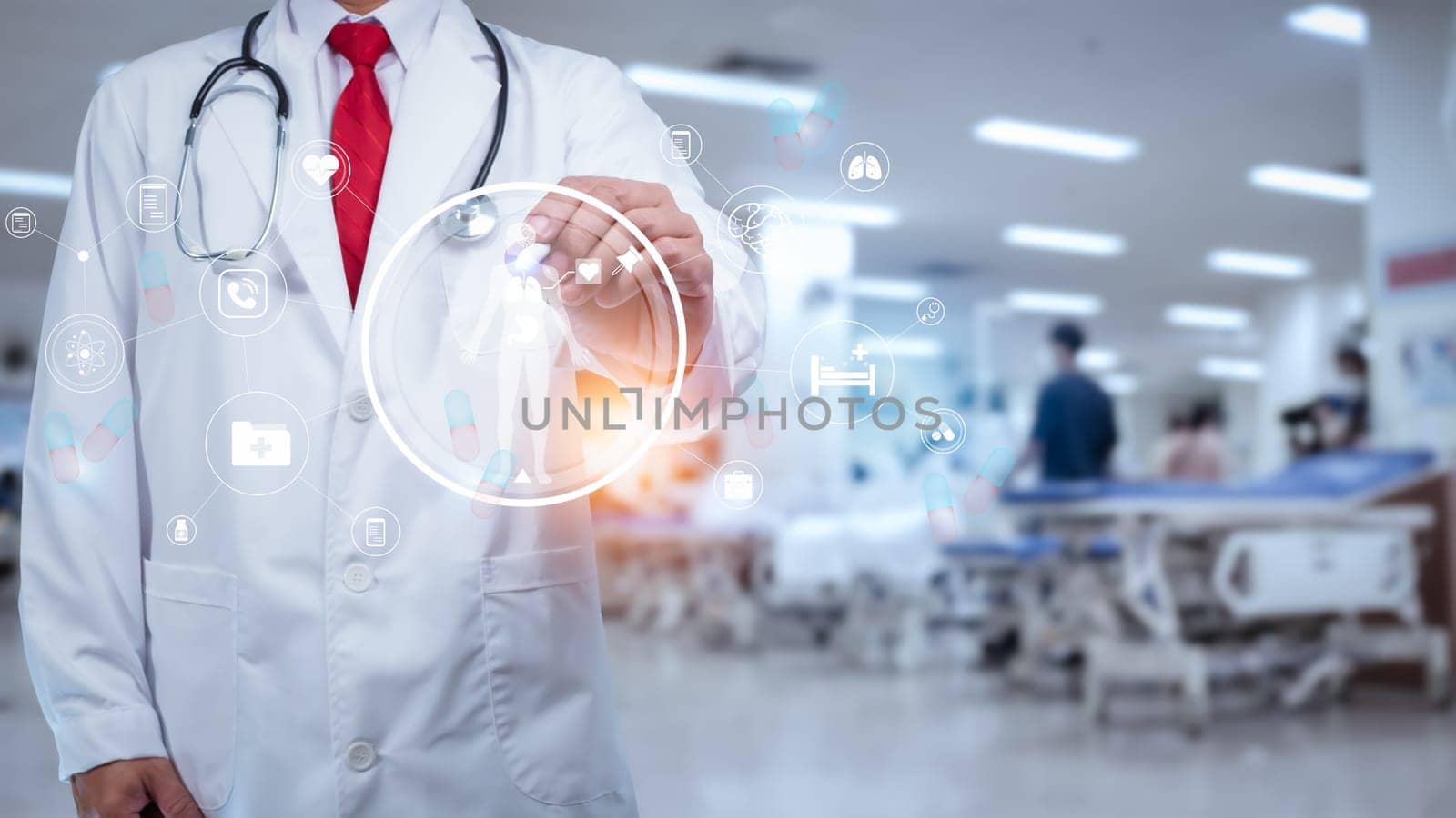 Doctor is using electronic pen touching screen for medical diagnostic analysis on modern virtual screen network connection. Medical technology concept. by Unimages2527