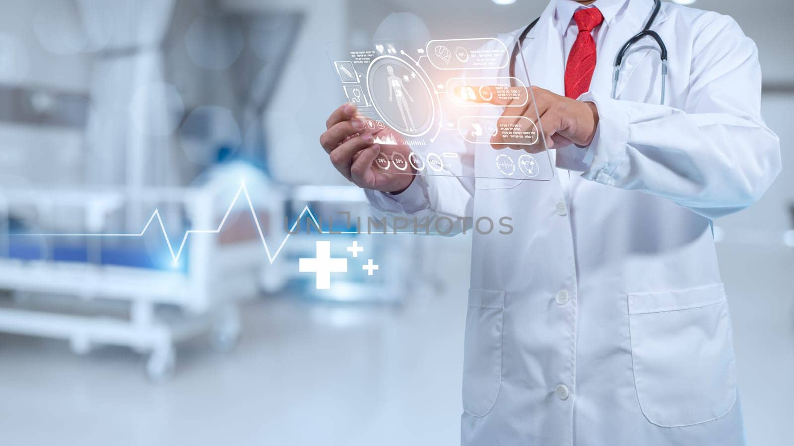 Doctor and stethoscope are using hands touching screen for medical diagnosis analysis on modern virtual screen network connection. Medical technology concept.