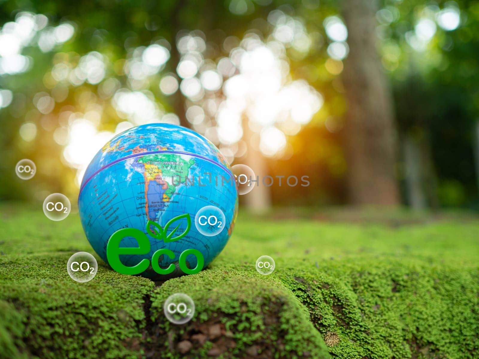 ECO concept lettering on nature background. concept of future business growth for the environment. and design for reuse and renewable material resources and a sustainable environment