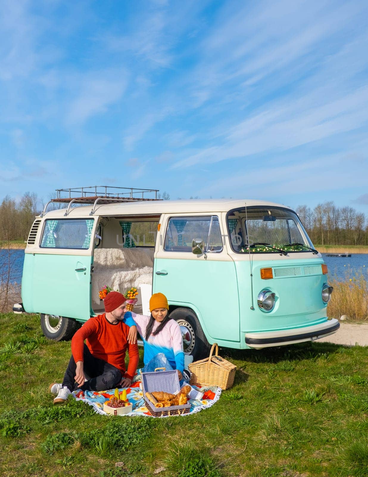 couple doing a road trip with an old vintage car in the Dutch flower bulb region with tulip fields during Spring in the Netherlands