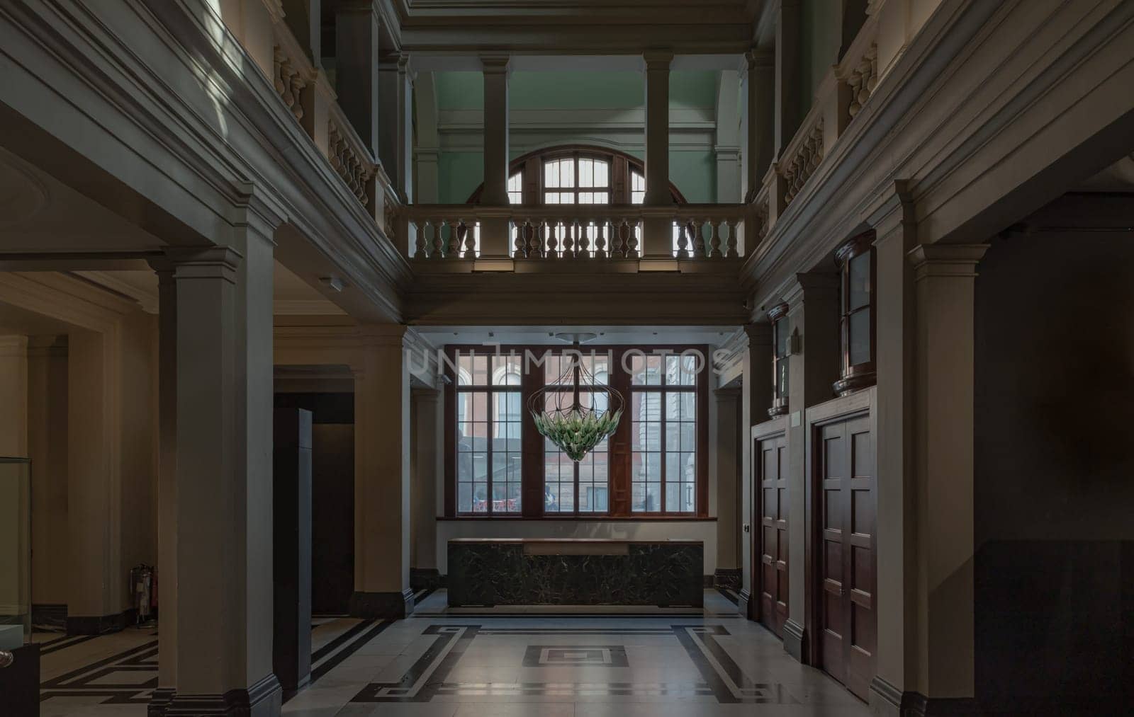 London, UK - Nov 01, 2023 - Beautiful interior architecture design. The room is Vintage dark tone to reveal the primacy of the central structure with ‘Exhale’ the world’s first living bionic chandelier which purifies the air indoors of Victoria and Albert Museum.
