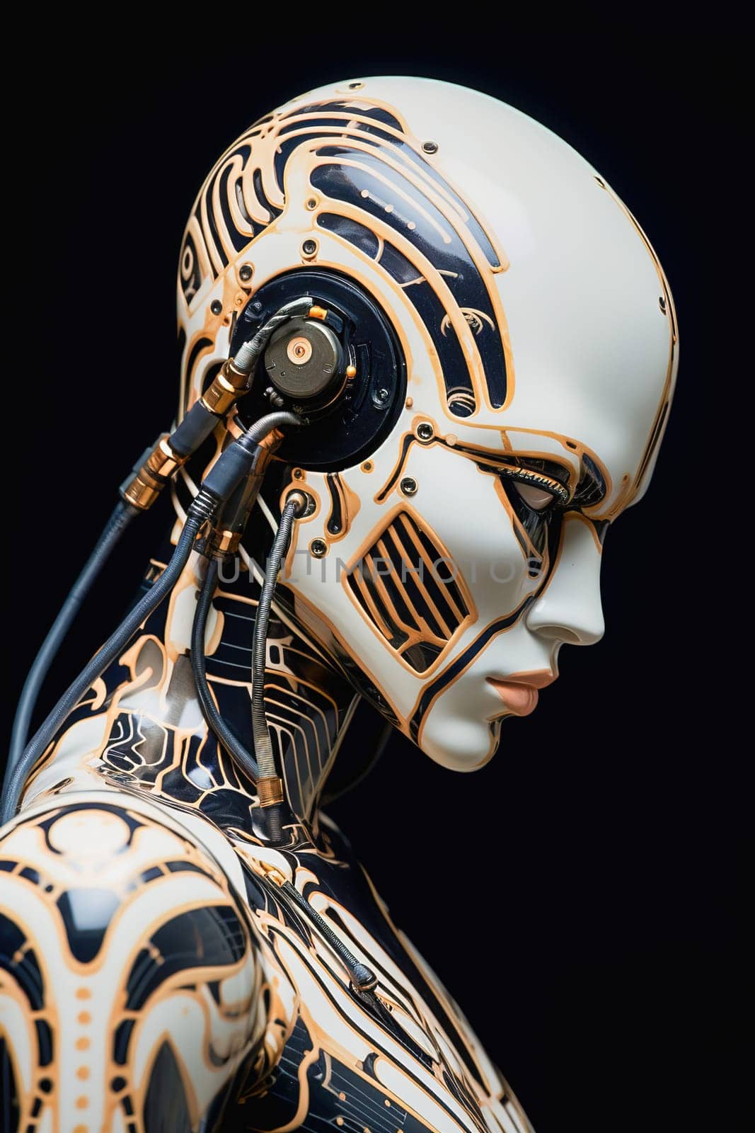 Female humanoid robot with mechanical parts in beige tones. Portrait, close-up. by Yurich32