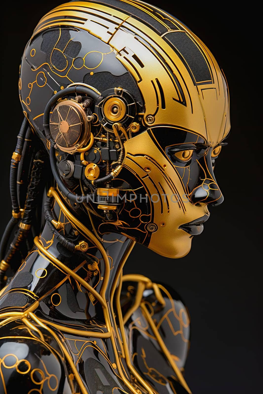 Female humanoid robot with mechanical parts in yellow tones. Portrait, close-up. by Yurich32