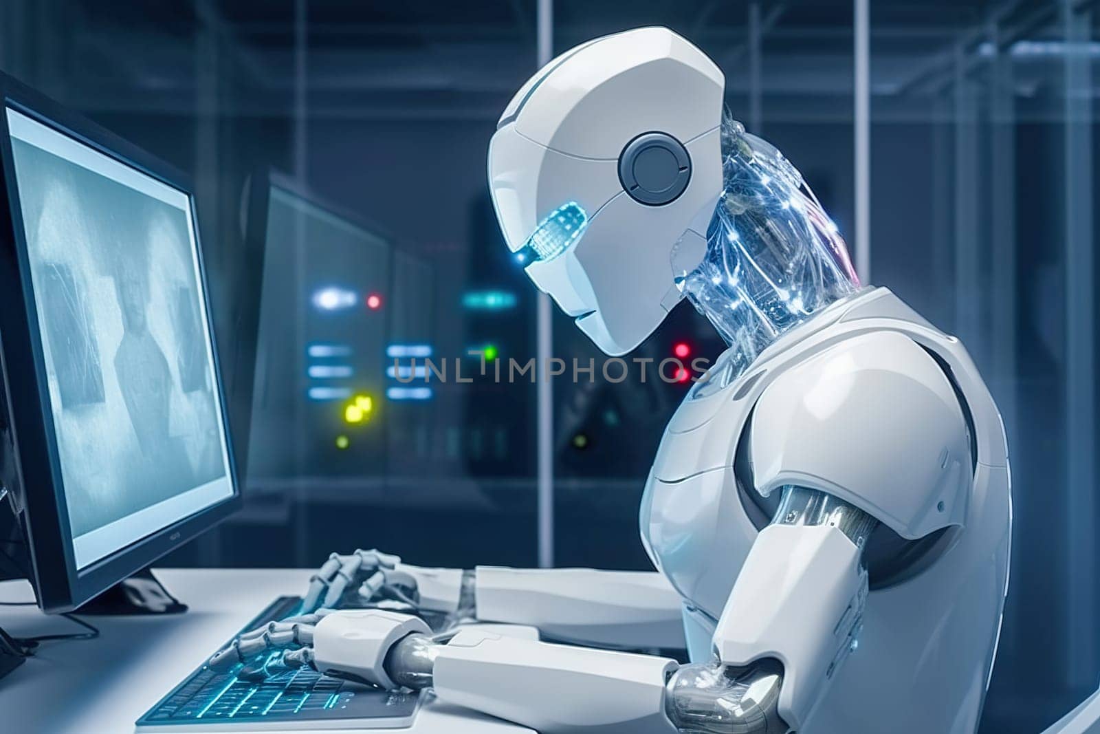 A humanoid works on a computer. High quality illustration