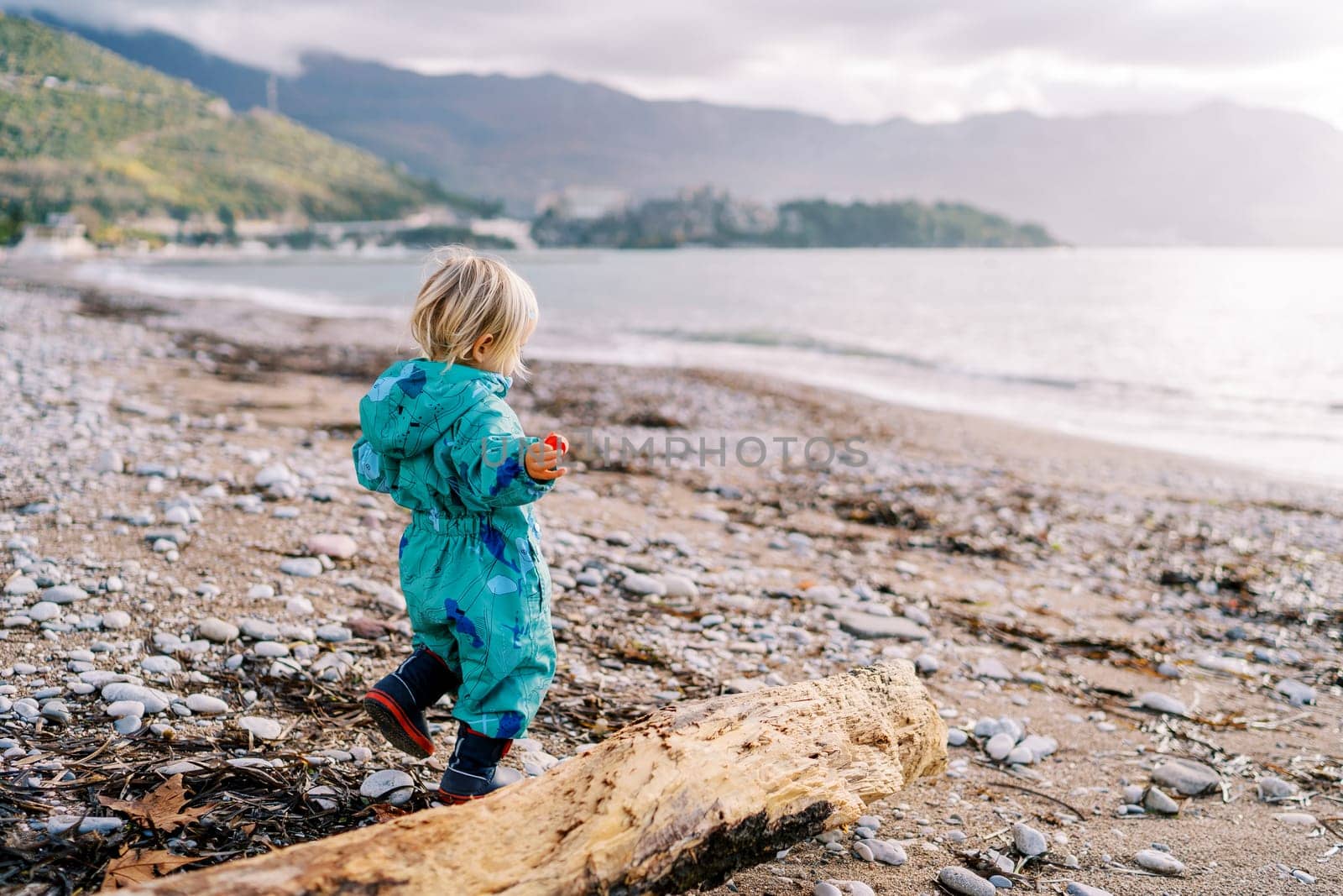 Little girl is walking along a pebbly beach near a driftwood. Side view. High quality photo