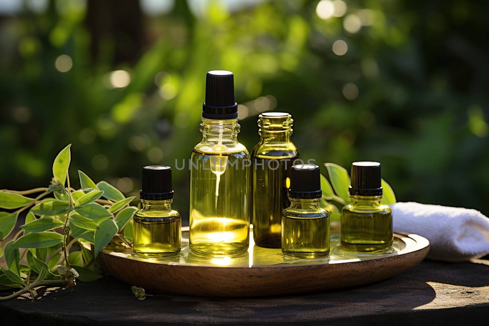 Small bottles with aromatic oils on a wooden stand against a background of blurred nature.