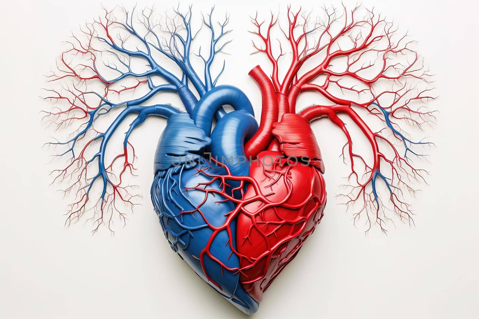 Red and blue model of a human heart. Heart care concept. High quality illustration
