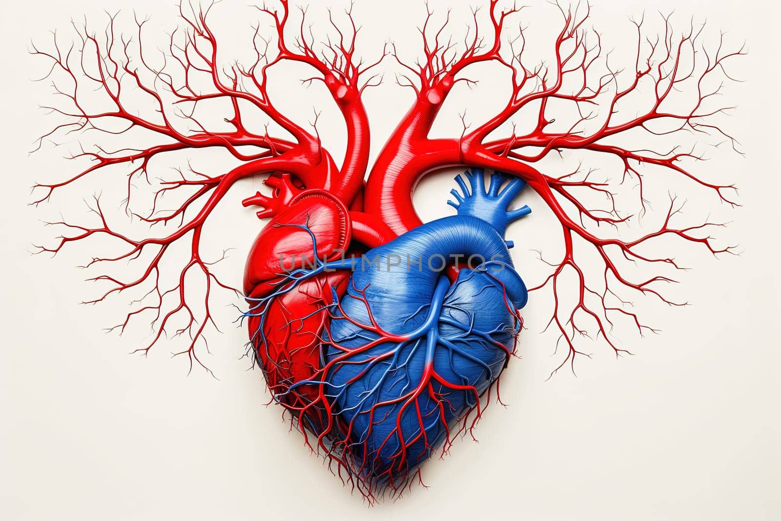 Red and blue model of a human heart. Heart care concept. by Yurich32