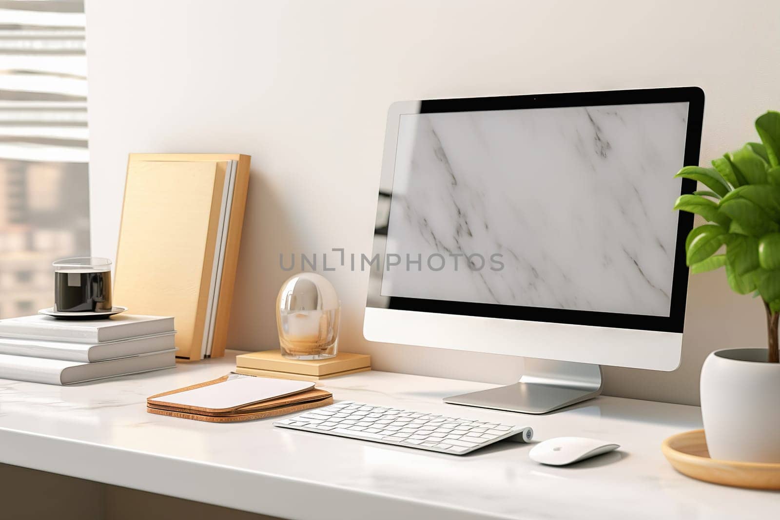 Desktop computer and office supplies on the desktop. High quality photo