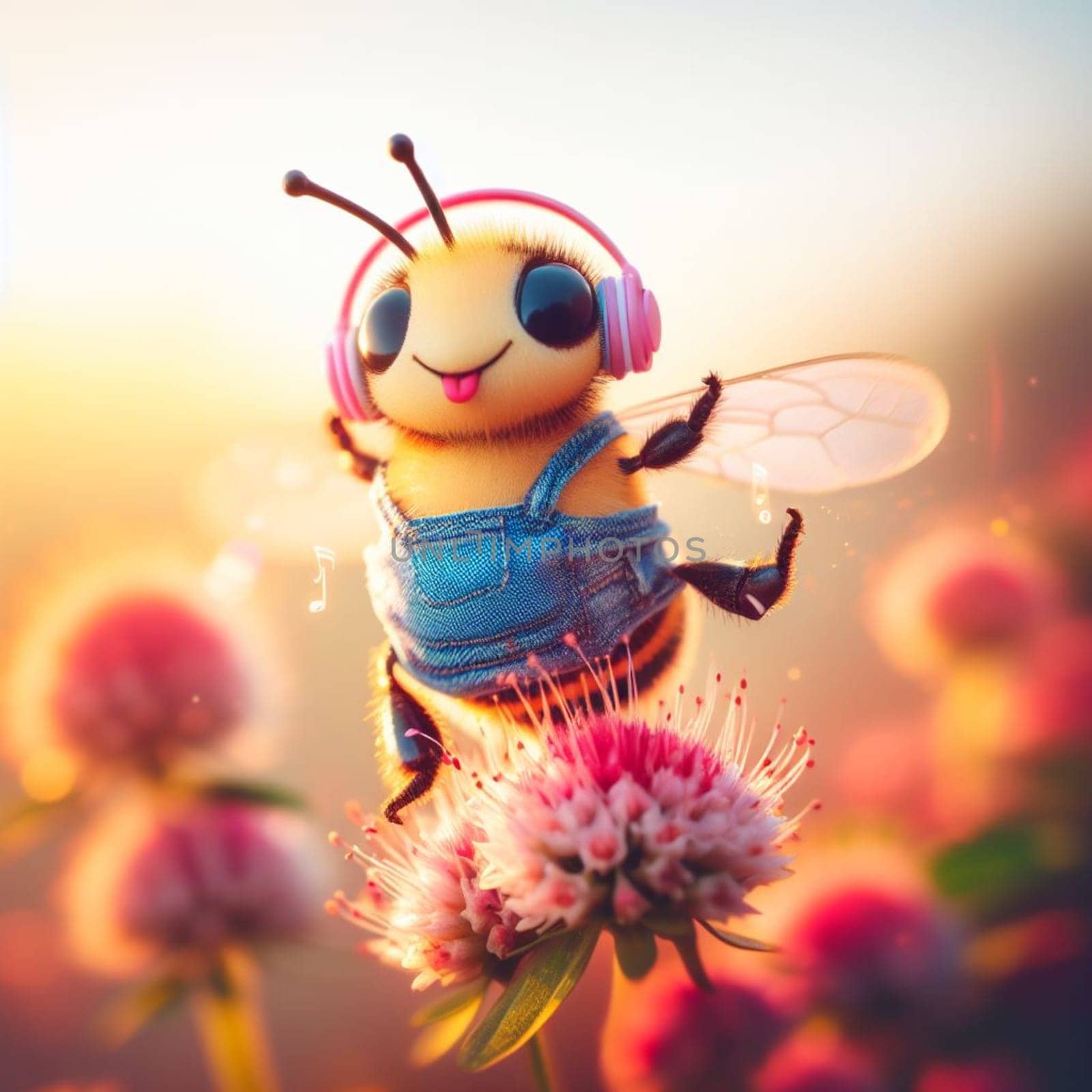 happy comic bee wearing jeans earphones and snikers at flower at sunrise macro close up shot by verbano