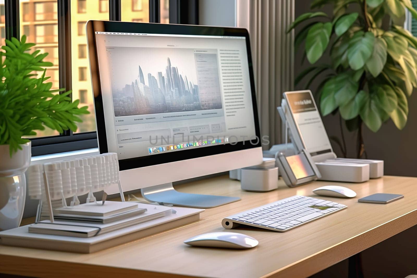Desktop computer and office supplies on the desktop. High quality photo