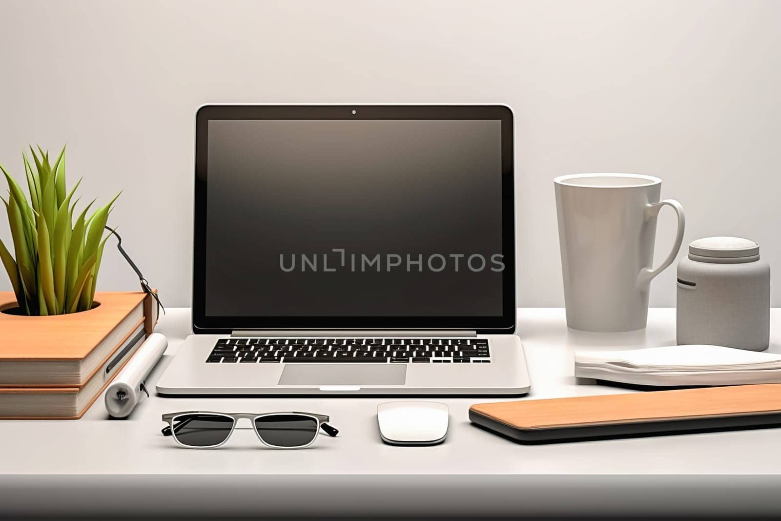 Desktop computer and office supplies on the desktop. by Yurich32