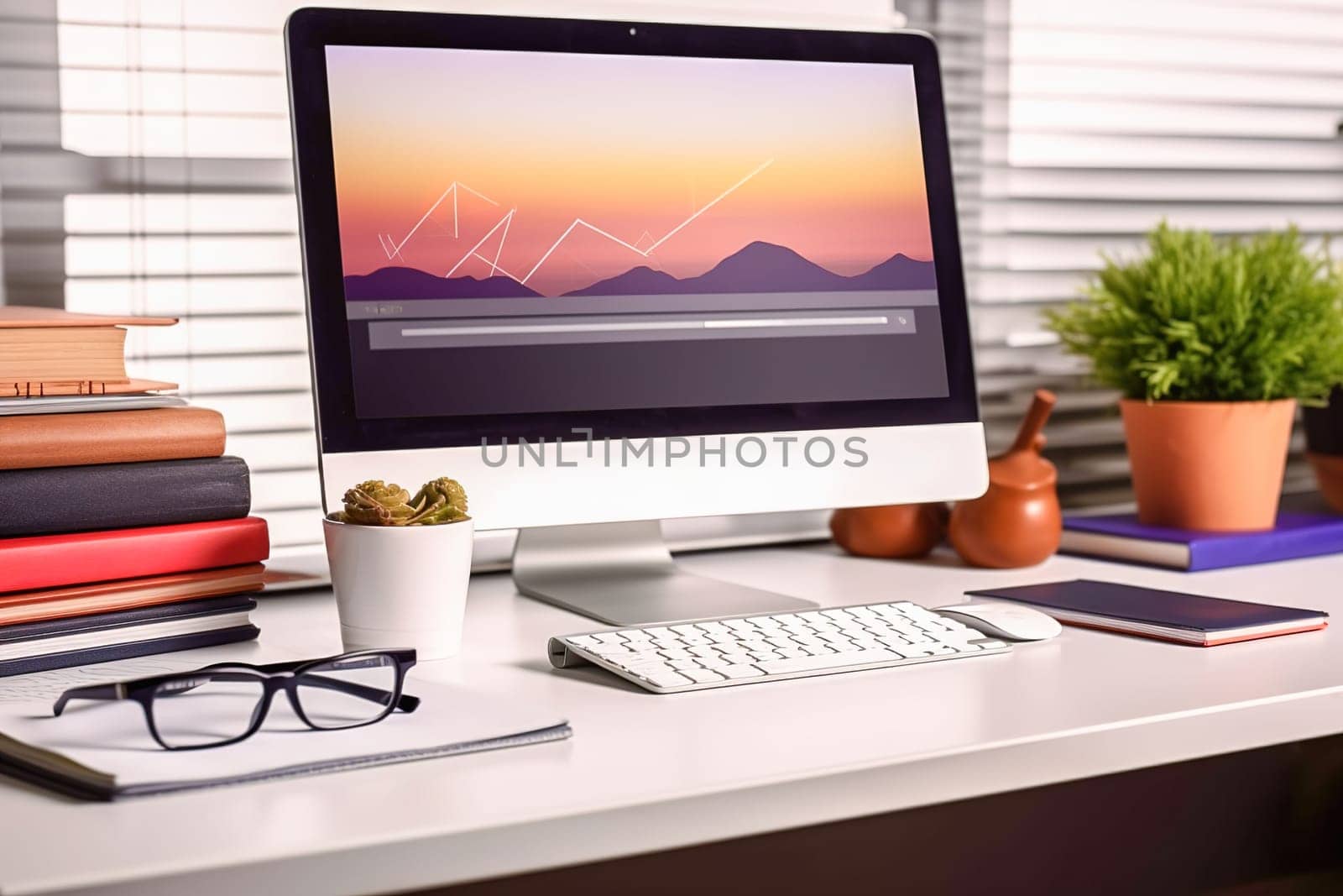 Desktop computer and office supplies on the desktop. High quality photo