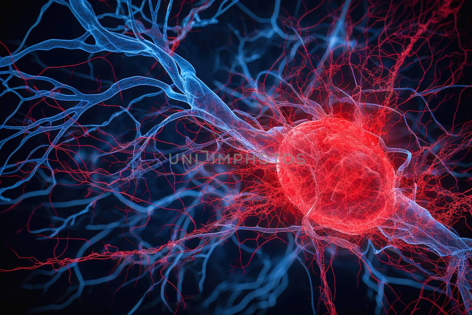 Illustration of neurons, blood vessels, tumor in red and blue colors. High quality illustration